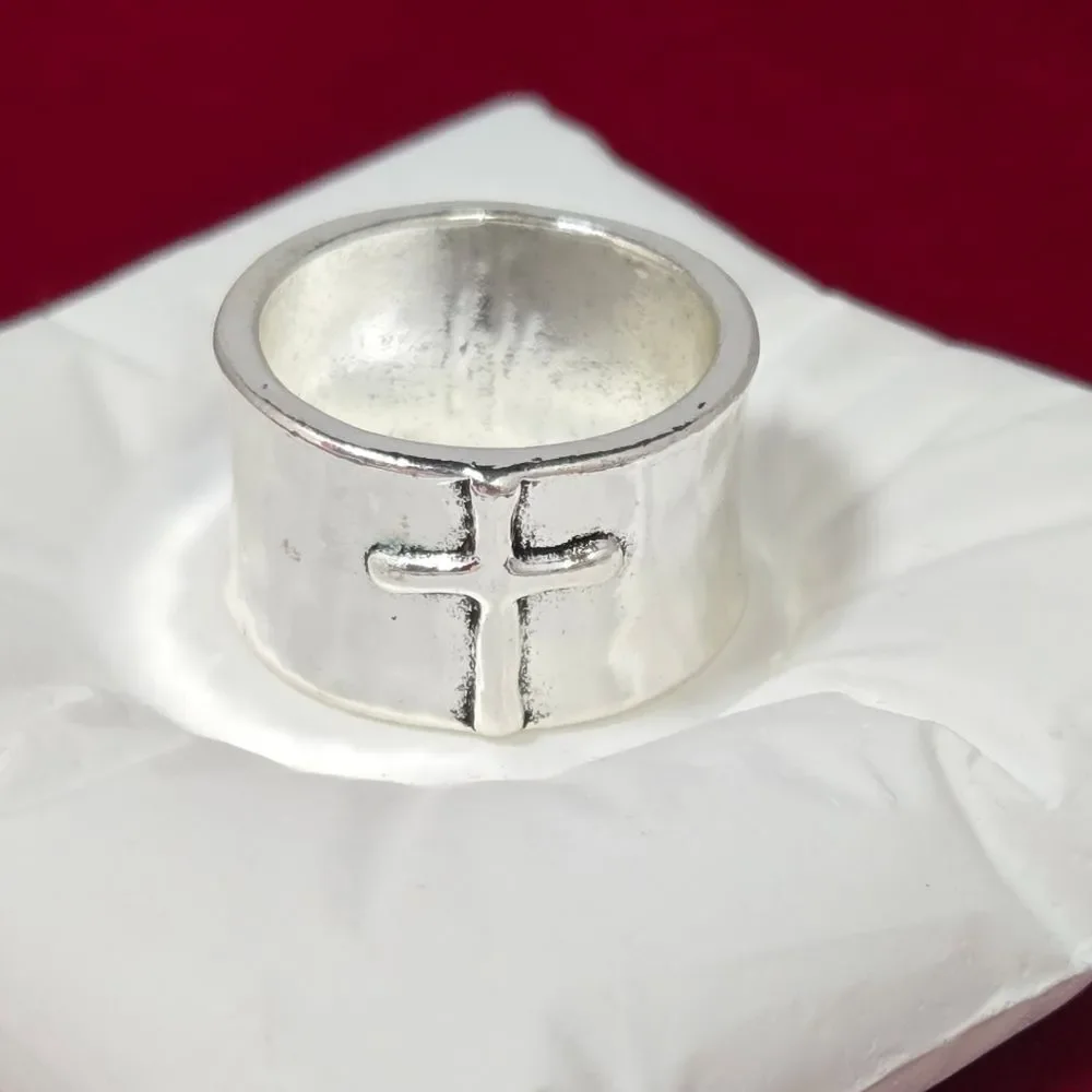 Vintage Silver Cross Ring Wide 13mm Band Antique Finish Faith Statement Size 9.5